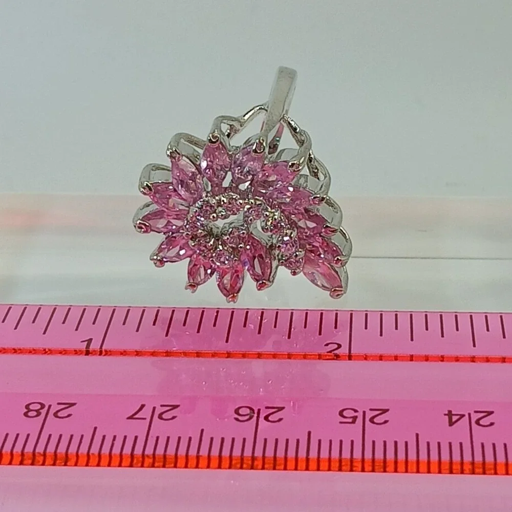 Vintage 1990s Pink Marquise Floral Swirl Cocktail Ring Silver Statement Size 8.5